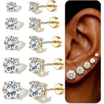 5 poros plokščiu pagrindu auksiniai auskarai-studs moterims, 14K paauksuoti hipoalerginio chirurginio plieno auskarai kremzlei, kubinio cirkonio auskarai-studs 14k Gold Plated brown