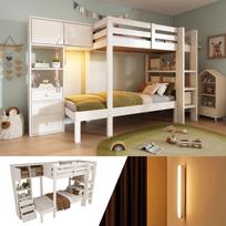 Bunk Bed 90x200 cm with Smart Night Light, Offset Design with Cabinet, Shelf & Drawers, Generous Storage Space, 90x200 cm, White, EN747-1:2024 288 x 101 x 144 cm balta