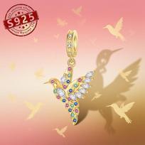 Fine Copper Craft Golden Hummingbird Vibrant Zircon Pendant Jewelry Charms Bracelet Fine Plata Bead Women Present beige