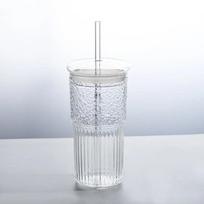 600ML Stiklinis puodelis Pieno kavos puodelis su dangteliu ir šiaudeliu Skaidrus dryžuotas vandens puodelis Gėrimo stiklinės Sulčių arbatos puodelis Indai 550 skaidri