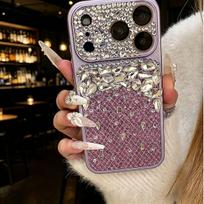 Luxury Leather iPhone 15 Pro Max Case with Hand-Set Rhinestones for Women 14 gray