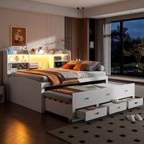 Sofa-lova, Dienos lova, 140 x 200 cm, Su LED apšvietimu, 3 stalčiai, Naktinio staliuko lentyna, Daugiafunkcinė ištraukiama lova su USB+Type-C, Be čiužinio, Balta 210 x 260 x 115 cm balta