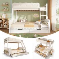 Children's Bunk Bed 90x200/140x200 cm with Cloud Railing, Drawers & Magazine Rack, Family Bed for Children, EN 747:2024, White, Without Mattress 204 x 145 x 154 cm balta