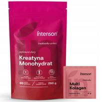 Kreatino braškių skonio milteliai 260g ir Multi Collagen braškių skonio pakelis