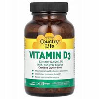 Vitaminas D3, 62,5 µg (2500 TV), 200 minkštų kapsulių, Country Life