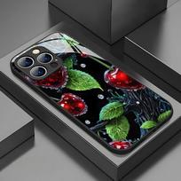 Vyšnių ir žalių lapų rašto stiklinis telefono dėklas, skirtas iPhone 17 16 15 14 Pro Max 13 12 11 16E 17Air 7 8 Plus XR XS X Dangtelis iPhone 16e