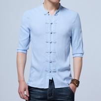 Vyriški medvilniniai lininiai marškiniai, vyriški pusės rankovių, ploni mandarinų apykaklės marškiniai, kiniško stiliaus „Camisa Masculina“. M gray