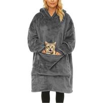 Pajamas/robe In Flannel With Wearable Blanket, Hoodie, Extra,large Soft And Warm Lamb's Wool Hoodie With Extra,large Pet Pocket. One Size gray