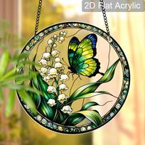 Acrylic Butterfly & Lily of the Valley Suncatcher Stained Glass Effect Window Hanging Ornament Floral & Insect Themed Gift for Home 20cm/7.87Inches black