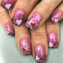 Glossy Pink Heart Designs Press on Nail Short Square False Nail Set for Romance Valentine's Day DIY Manicure 24Pcs 1 brown