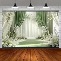 2D Elegantiškas šalavijo žalumo vestuvių fonas Baltos gėlės užuolaida Šventės nuotraukų stendo vėliava 70.9x43.3inch/180*110cm white