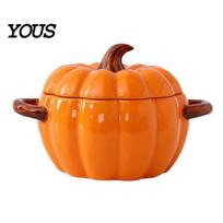 Insulated Double Ear Bowl Dutch Oven Pot with Lid, Pumpkin Pottery Dessert Saucepan, Double-Ear Mini Modern Ceramic Soup Crock Baking Dish, S orange