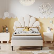 Apmušta vaikiška lova 90 x 200 cm, gėlės formos galvūgalis ir grotelės, paauglės mergaitės lova iš odai draugiško veliūro audinio, svečių lova (Smėlio spalvos) 206 x 100 x 110.5 cm smėlis