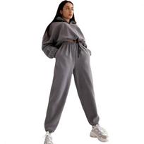 Women's Clothing Fashionable Solid Color Loose Zipper Stand-collar Sweater Casual 2-piece Set M pilka