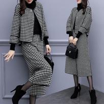 Korean Wide Leg Pants Set Autumn Winter Fashion Leisure Seven Points Sleeve Woolen Coat Plaid Jacket Women Outfit XXL pilka