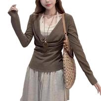Spicy Girl Faux Two-Piece Halter Neck Long Sleeve Plus Size Waist-Cinched Slimming Top for Autumn Small black