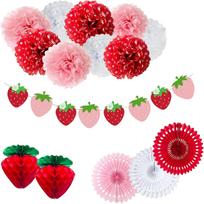 Strawberry Theme Party Decorations Set Tissue Paper Pom Poms Hanging Fans Honeycomb Balls and Banner for Events One Size raudona