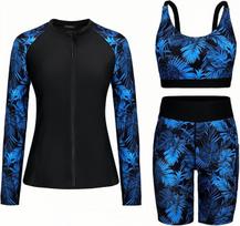 Three-piece long-sleeved zipper sunscreen surf suit boxer pants quick-drying diving swimsuit women S black