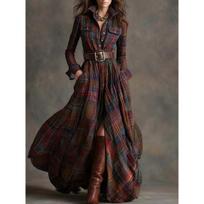 Woman's Checkered Print Long Dress Spring Autumn Fashion Flip Collar Single-breasted Dresses Ladies Elegance with Belt Vestidos XXL black
