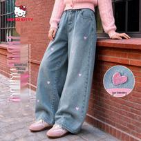 Hello Kitty Girls' Embroidered Wide-Leg Denim Pants 130 gray