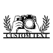 Metalinis sienos meno kūrinys su kamera, personalizuotas skardos ženklas fotografui, nuotraukų studijos dekoras, retro metalinė plokštelė juoda