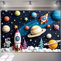 1 vibrant space adventure Happy Birthday banner with colorful planets, rockets, and astronauts 47.2x31.5inch/120*80cm blue