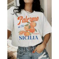 Women's Casual Sleeve Vibrant Orange Citrus Fruit Print with Palermo 757 Italy Sicilia Text Harajuku Sleeve Aesthetic Clothes S gray