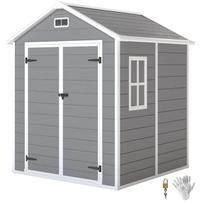 Garden Shed, Tool Shed with Floor, Lockable Doors, Ventilation Openings, Window, Wood Look, Plastic, Grey 182 x 151 x 219 cm pilka