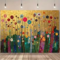 2D Klimt Inspired Floral Backdrop, Modern Abstract Gold Flower Art Print for Home and Office 47.2x31.5inch/120*80cm brown