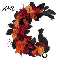 Indoor Outdoor Fall Decor Halloween Black Cat Moon Wreath, Gothic Crescent Wreath with Artificial Rose Flowers for Home Front Door Porch brown