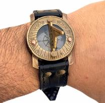 Saulės laikrodis, rankinis laikrodis, žalvarinis kompasas ir odiniai dirželiai, jūrinis, steampunk, rankų darbo M aero