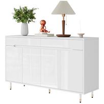 Moderni batų spintelė su dviem durelėmis, dviem stalčiais, reguliuojamomis lentynomis ir aukso spalvos kojelėmis. Jame yra vietos 18–24 poroms batų. 140 x 39 x 84 cm balta
