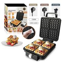 4-Slice 1500W Belgian Waffle Maker Double Heating Non-Stick Egg Cake Oven Pancake Egg Waffle Cake Machine Temperature Control (as the picture,EU&4) gray