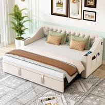Upholstered sofa bed, 90/180*190 cm, wider thicker armrests, USB charging port, storage in armrests, storage pockets, slatted frame, velvet, beige 215 x 98.5 x 78.5 cm smėlis