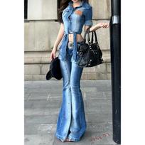 2026 Spring Retro Spicy Girl Washed White Denim Two-Piece Set with Flared Top and Hip-Hugging Pants Large black