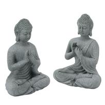 Buddha Statue Green Sandstone Sculpture Buddhist Sitting Figurine Ornament for Living Room Courtyard 7135K-01 gray