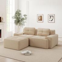 Boneless Modular Sofa, Modern L-Shaped for Living Room with Deep Seat, Comfortable Corduroy Cloud Sofa with Ottoman, Tufted Two-Seater Sofa Bed, Beige 204 x 177 x 69 cm smėlis