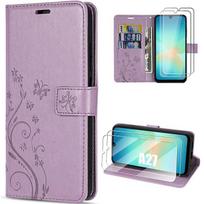 Case + 2 Tempered Glasses for Samsung Galaxy A27 5G, Anti-Scratch Synthetic Leather with Purple Plant Pattern violetinė