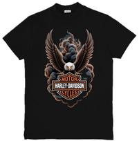 Harley-Davidson įkvėptas grafinis unisex marškinėlis su erelio ir kaukolės grafika S-3XL XXXL black
