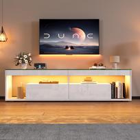 LED blizgus TV spintelė, tinkama iki 70 colių televizoriams, svetainės TV spintelė su 2 stalčiais, konsolinis staliukas svetainei ir miegamajam, balta 180 x 40 x 46 cm balta