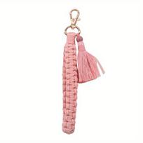 Boho Style Braided Keychain With Lobster Claw Cotton Cord Wristlet Lanyard Key Fob Strap For Women Accessory rožinė