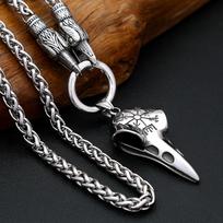Crow Skull Pendant Necklace Punk Hip Hop Goth Crow Compass Stainless Steel Pendant 60cm black