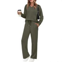 Dalių aprangos moterims Laisvalaikio rudens namų sportiniai kostiumai Ilgomis rankovėmis V formos iškirptės viršus Plačios kelnės Derančių komplektų 2XL