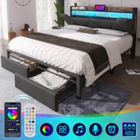 Apmušalas lovos su USB Type C įkrovimo funkcija, saugojimo galvūgalis ir LED apšvietimas bei stalčiai, Dvigulė lova 140x200, Pilka (Be čiužinio) 217 x 141 x 110 cm pilka