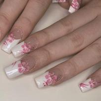24Pcs French Tip Coffin Press On Nails Pink White Floral Print Medium Length Spring Summer DIY Manicure brown