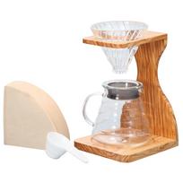 HARIO V60 Alyvuogių medžio stovas Rinkinys VSS-1206-OV, 1-4 Puodeliai, Stiklinis lašintuvas ir serveris, Medinis stovas, Pagaminta Japonijoje, Puiki dovana beige