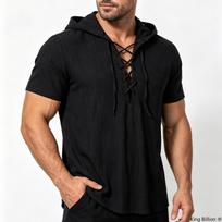 Men's Hooded Short Sleeve Lace-Up Shirt - Lightweight Relaxed Fit Summer Beach Vacation Top S juoda