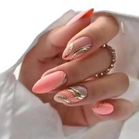 24Pcs Long Almond Press On Nails French Pink Wave Line Design Detachable Fake Fingernails Manicure Tips brown