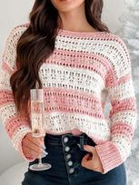 European-American Striped Knit Crew Neck Loose Slimming Women's Sweater - Long Sleeve Casual Top XS rožinė