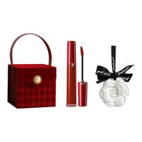 Armani Red Diamond Camellia Gift Box Makeup Set Velvet Fine Glitter Satin Natural Flawless Long-lasting Matte Lip Glaze + Aromatherapy Cosmetics raudona